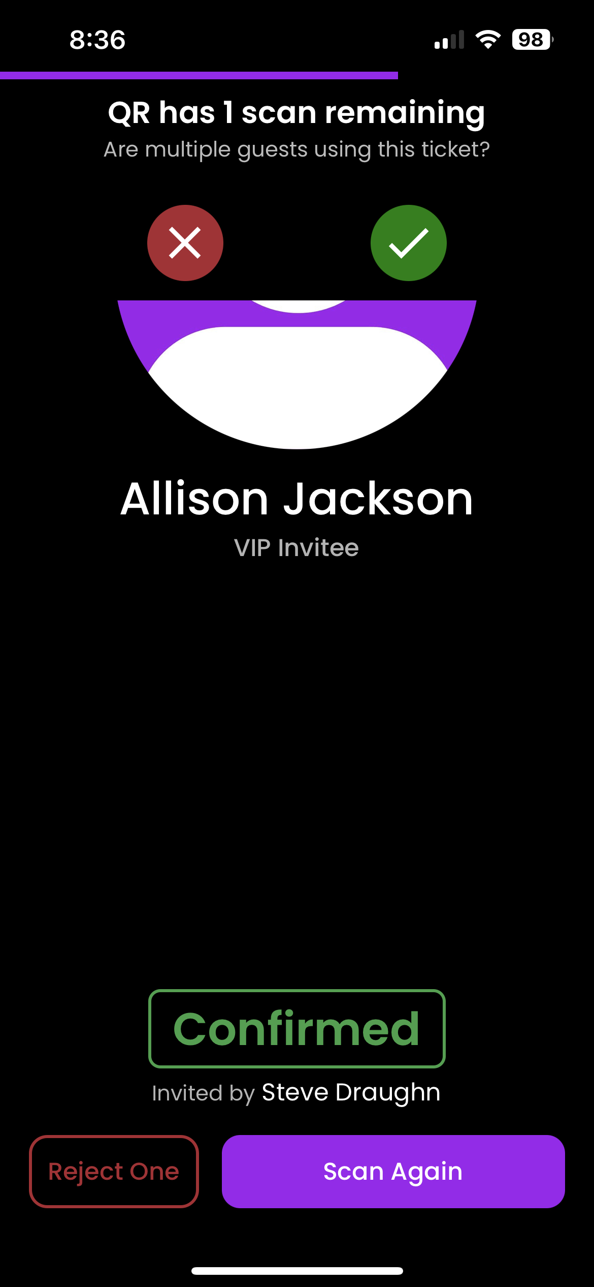 Screenshot of CLIQInvite, Steve Draughn's first startup's mobile app. It shows a guest being scanned into an event.
